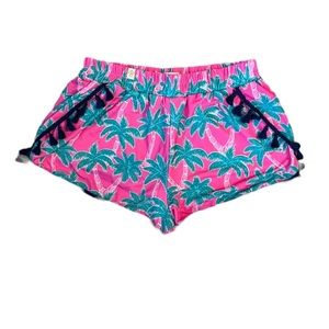 Simply Southern Pink and Green Shorts with Navy Blue Pom Poms Size S/M